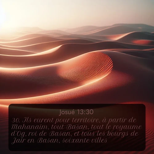 Segond Josué  ; image nature: image avec le verset biblique :Ils eurent pour territoire, à partir de Mahanaïm, tout Basan, tout le royaume d&#039;Og, roi de Basan, et tous les bourgs de Jaïr en Basan, soixante villes. ;  ; 13:30