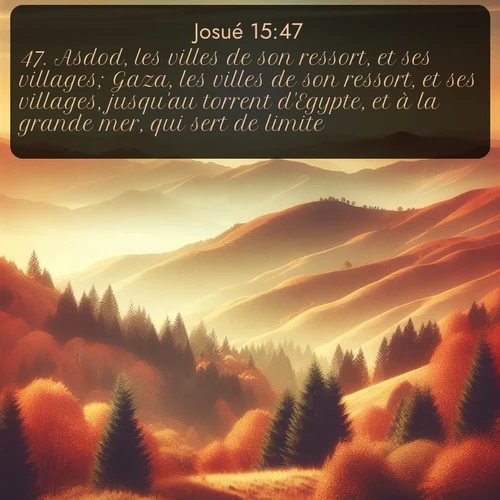Segond Josué  ; image nature: image avec le verset biblique :Asdod, les villes de son ressort, et ses villages; Gaza, les villes de son ressort, et ses villages, jusqu&#039;au torrent d&#039;Egypte, et à la grande mer, qui sert de limite. ;  ; 15:47