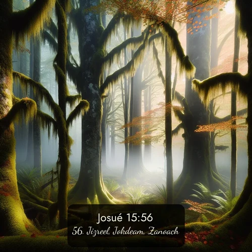 Segond Josué  ; image nature: image avec le verset biblique :Jizreel, Jokdeam, Zanoach, ;  ; 15:56
