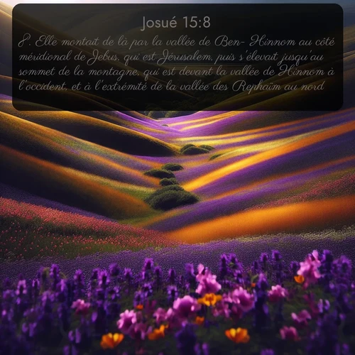 Segond Josué  ; image nature: image avec le verset biblique :Elle montait de là par la vallée de Ben- Hinnom au côté méridional de Jebus, qui est Jérusalem, puis s&#039;élevait jusqu&#039;au sommet de la montagne, qui est devant la vallée de Hinnom à l&#039;occident, et à l&#039;extrémité de la vallée des Rephaïm au nord ;  ; 15:8