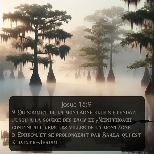 Segond Josué  ; image nature: image avec le verset biblique :Du sommet de la montagne elle s&#039;étendait jusqu&#039;à la source des eaux de Nephthoach, continuait vers les villes de la montagne d&#039;Ephron, et se prolongeait par Baala, qui est Kirjath-Jearim. ;  ; 15:9