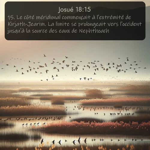 Segond Josué  ; image nature: image avec le verset biblique :Le côté méridional commençait à l&#039;extrémité de Kirjath-Jearim. La limite se prolongeait vers l&#039;occident jusqu&#039;à la source des eaux de Nephthoach. ;  ; 18:15