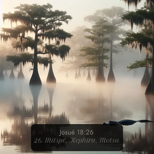 Segond Josué  ; image nature: image avec le verset biblique :Mitspé, Kephira, Motsa, ;  ; 18:26