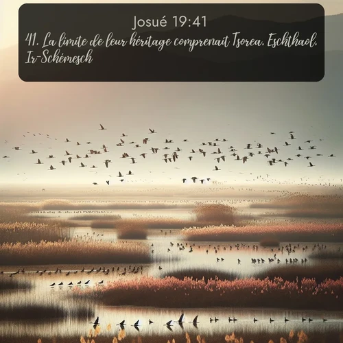 Segond Josué  ; image nature: image avec le verset biblique :La limite de leur héritage comprenait Tsorea, Eschthaol, Ir-Schémesch, ;  ; 19:41