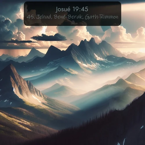 Segond Josué  ; image nature: image avec le verset biblique :Jehud, Bené-Berak, Gath-Rimmon, ;  ; 19:45