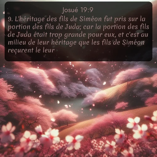 Segond Josué  ; image nature: image avec le verset biblique :L&#039;héritage des fils de Siméon fut pris sur la portion des fils de Juda; car la portion des fils de Juda était trop grande pour eux, et c&#039;est au milieu de leur héritage que les fils de Siméon reçurent le leur. ;  ; 19:9