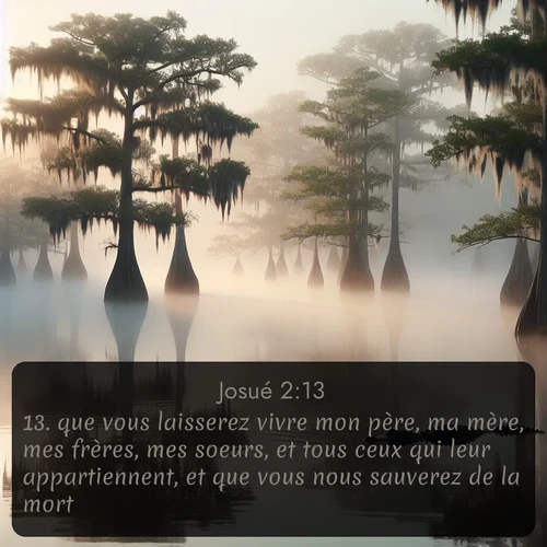 Segond Josué  ; image nature: image avec le verset biblique :que vous laisserez vivre mon père, ma mère, mes frères, mes soeurs, et tous ceux qui leur appartiennent, et que vous nous sauverez de la mort. ;  ; 2:13