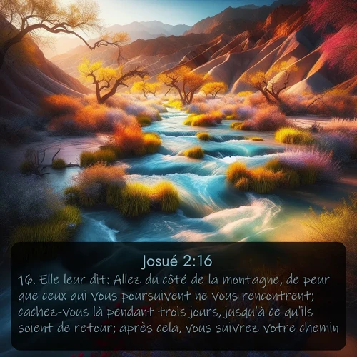 Segond Josué  ; image nature: image avec le verset biblique :Elle leur dit: Allez du côté de la montagne, de peur que ceux qui vous poursuivent ne vous rencontrent; cachez-vous là pendant trois jours, jusqu&#039;à ce qu&#039;ils soient de retour; après cela, vous suivrez votre chemin. ;  ; 2:16