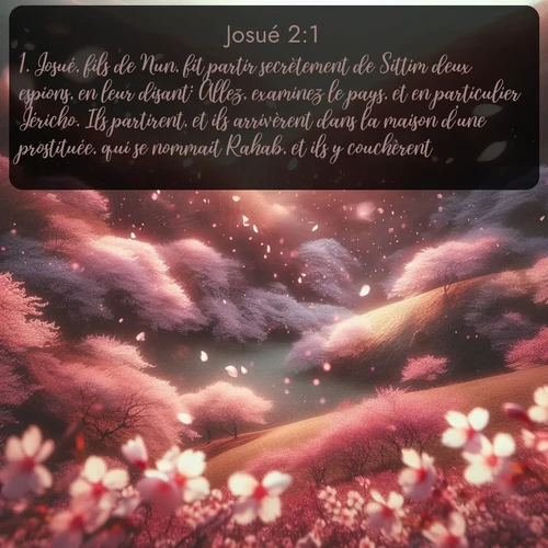 Segond Josué  ; image nature: image avec le verset biblique :Josué, fils de Nun, fit partir secrètement de Sittim deux espions, en leur disant: Allez, examinez le pays, et en particulier Jéricho. Ils partirent, et ils arrivèrent dans la maison d&#039;une prostituée, qui se nommait Rahab, et ils y couchèrent. ;  ; 2:1