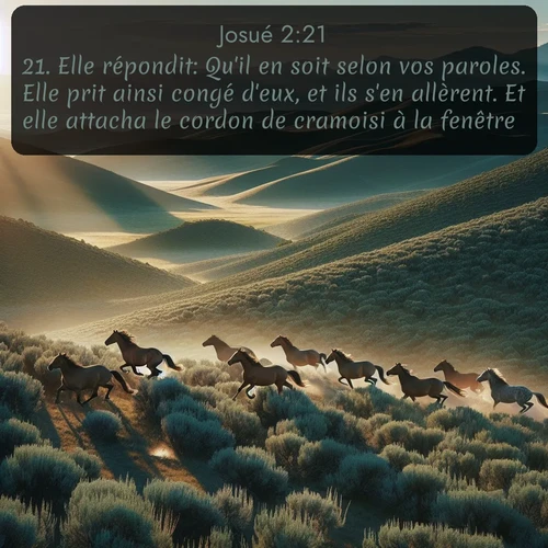 Segond Josué  ; image nature: image avec le verset biblique :Elle répondit: Qu&#039;il en soit selon vos paroles. Elle prit ainsi congé d&#039;eux, et ils s&#039;en allèrent. Et elle attacha le cordon de cramoisi à la fenêtre. ;  ; 2:21