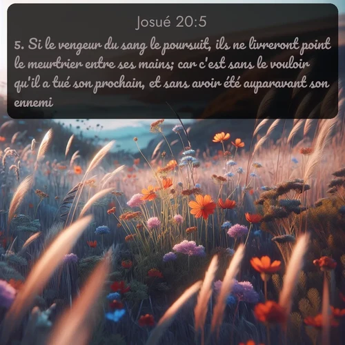 Segond Josué  ; image nature: image avec le verset biblique :Si le vengeur du sang le poursuit, ils ne livreront point le meurtrier entre ses mains; car c&#039;est sans le vouloir qu&#039;il a tué son prochain, et sans avoir été auparavant son ennemi. ;  ; 20:5
