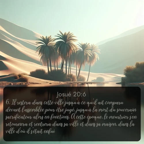 Segond Josué  ; image nature: image avec le verset biblique :Il restera dans cette ville jusqu&#039;à ce qu&#039;il ait comparu devant l&#039;assemblée pour être jugé, jusqu&#039;à la mort du souverain sacrificateur alors en fonctions. A cette époque, le meurtrier s&#039;en retournera et rentrera dans sa ville et dans sa maison, dans la ville d&#039;où il s&#039;était enfui. ;  ; 20:6