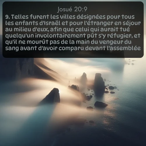 Segond Josué  ; image nature: image avec le verset biblique :Telles furent les villes désignées pour tous les enfants d&#039;Israël et pour l&#039;étranger en séjour au milieu d&#039;eux, afin que celui qui aurait tué quelqu&#039;un involontairement pût s&#039;y réfugier, et qu&#039;il ne mourût pas de la main du vengeur du sang avant d&#039;avoir comparu devant l&#039;assemblée. ;  ; 20:9