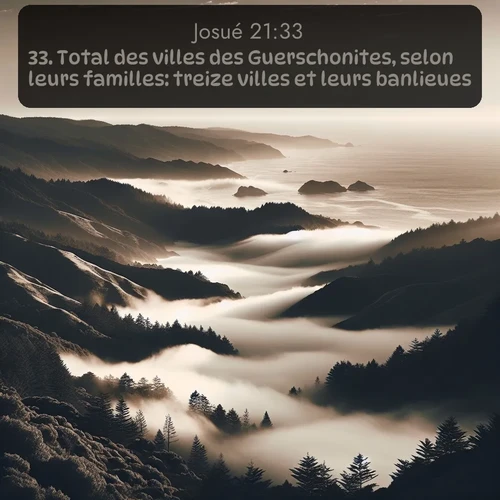 Segond Josué  ; image nature: image avec le verset biblique :Total des villes des Guerschonites, selon leurs familles: treize villes et leurs banlieues. ;  ; 21:33