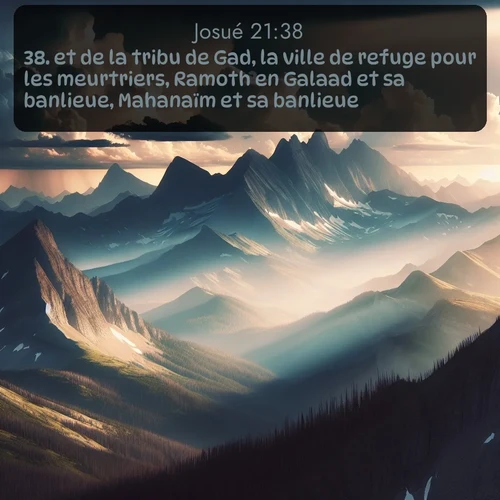 Segond Josué  ; image nature: image avec le verset biblique :et de la tribu de Gad, la ville de refuge pour les meurtriers, Ramoth en Galaad et sa banlieue, Mahanaïm et sa banlieue, ;  ; 21:38