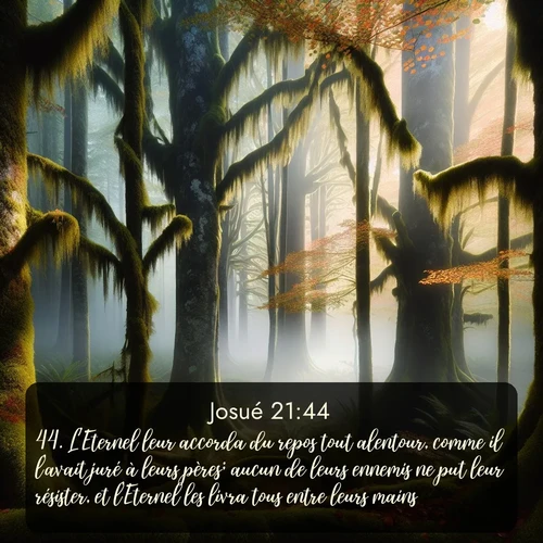 Segond Josué  ; image nature: image avec le verset biblique :L&#039;Eternel leur accorda du repos tout alentour, comme il l&#039;avait juré à leurs pères; aucun de leurs ennemis ne put leur résister, et l&#039;Eternel les livra tous entre leurs mains. ;  ; 21:44