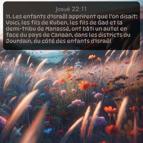 Segond Josué  ; image nature: image avec le verset biblique :Les enfants d&#039;Israël apprirent que l&#039;on disait: Voici, les fils de Ruben, les fils de Gad et la demi-tribu de Manassé, ont bâti un autel en face du pays de Canaan, dans les districts du Jourdain, du côté des enfants d&#039;Israël. ;  ; 22:11