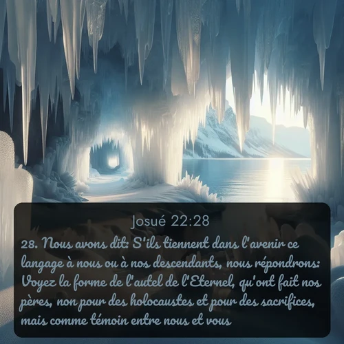 Segond Josué  ; image nature: image avec le verset biblique :Nous avons dit: S&#039;ils tiennent dans l&#039;avenir ce langage à nous ou à nos descendants, nous répondrons: Voyez la forme de l&#039;autel de l&#039;Eternel, qu&#039;ont fait nos pères, non pour des holocaustes et pour des sacrifices, mais comme témoin entre nous et vous. ;  ; 22:28