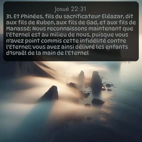Segond Josué  ; image nature: image avec le verset biblique :Et Phinées, fils du sacrificateur Eléazar, dit aux fils de Ruben, aux fils de Gad, et aux fils de Manassé: Nous reconnaissons maintenant que l&#039;Eternel est au milieu de nous, puisque vous n&#039;avez point commis cette infidélité contre l&#039;Eternel; vous avez ainsi délivré les enfants d&#039;Israël de la main de l&#039;Eternel. ;  ; 22:31