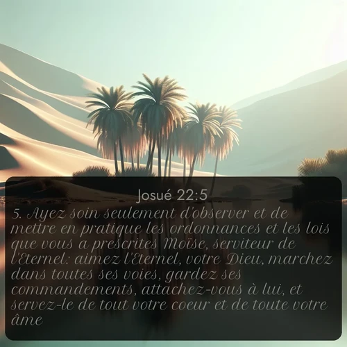 Segond Josué  ; image nature: image avec le verset biblique :Ayez soin seulement d&#039;observer et de mettre en pratique les ordonnances et les lois que vous a prescrites Moïse, serviteur de l&#039;Eternel: aimez l&#039;Eternel, votre Dieu, marchez dans toutes ses voies, gardez ses commandements, attachez-vous à lui, et servez-le de tout votre coeur et de toute votre âme. ;  ; 22:5
