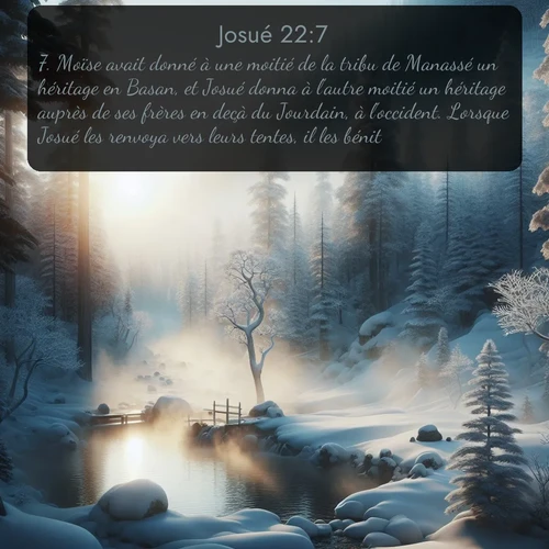 Segond Josué  ; image nature: image avec le verset biblique :Moïse avait donné à une moitié de la tribu de Manassé un héritage en Basan, et Josué donna à l&#039;autre moitié un héritage auprès de ses frères en deçà du Jourdain, à l&#039;occident. Lorsque Josué les renvoya vers leurs tentes, il les bénit, ;  ; 22:7