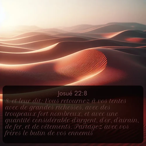 Segond Josué  ; image nature: image avec le verset biblique :et leur dit: Vous retournez à vos tentes avec de grandes richesses, avec des troupeaux fort nombreux, et avec une quantité considérable d&#039;argent, d&#039;or, d&#039;airain, de fer, et de vêtements. Partagez avec vos frères le butin de vos ennemis. ;  ; 22:8