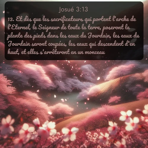 Segond Josué  ; image nature: image avec le verset biblique :Et dès que les sacrificateurs qui portent l&#039;arche de l&#039;Eternel, le Seigneur de toute la terre, poseront la plante des pieds dans les eaux du Jourdain, les eaux du Jourdain seront coupées, les eaux qui descendent d&#039;en haut, et elles s&#039;arrêteront en un monceau. ;  ; 3:13