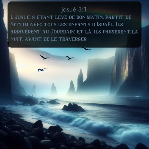 Segond Josué  ; image nature: image avec le verset biblique :Josué, s&#039;étant levé de bon matin, partit de Sittim avec tous les enfants d&#039;Israël. Ils arrivèrent au Jourdain; et là, ils passèrent la nuit, avant de le traverser. ;  ; 3:1