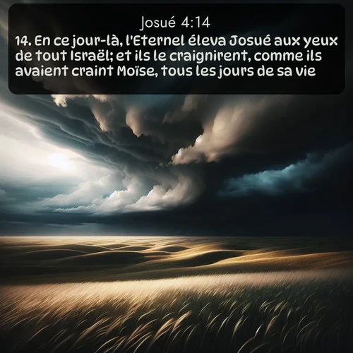 Segond Josué  ; image nature: image avec le verset biblique :En ce jour-là, l&#039;Eternel éleva Josué aux yeux de tout Israël; et ils le craignirent, comme ils avaient craint Moïse, tous les jours de sa vie. ;  ; 4:14