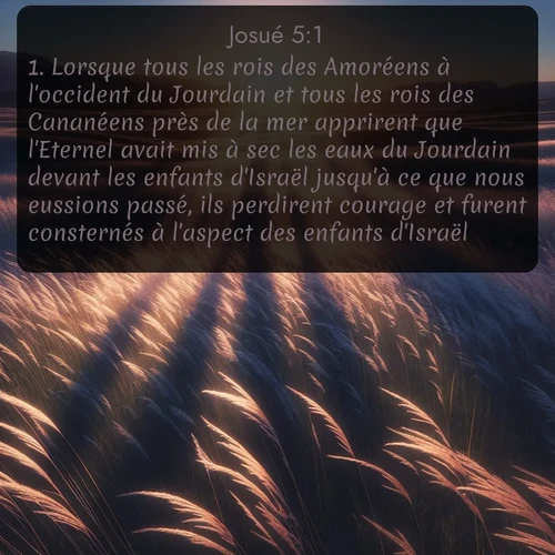 Segond Josué  ; image nature: image avec le verset biblique :Lorsque tous les rois des Amoréens à l&#039;occident du Jourdain et tous les rois des Cananéens près de la mer apprirent que l&#039;Eternel avait mis à sec les eaux du Jourdain devant les enfants d&#039;Israël jusqu&#039;à ce que nous eussions passé, ils perdirent courage et furent consternés à l&#039;aspect des enfants d&#039;Israël. ;  ; 5:1