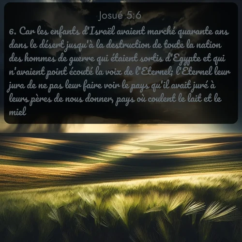 Segond Josué  ; image nature: image avec le verset biblique :Car les enfants d&#039;Israël avaient marché quarante ans dans le désert jusqu&#039;à la destruction de toute la nation des hommes de guerre qui étaient sortis d&#039;Egypte et qui n&#039;avaient point écouté la voix de l&#039;Eternel; l&#039;Eternel leur jura de ne pas leur faire voir le pays qu&#039;il avait juré à leurs pères de nous donner, pays où coulent le lait et le miel. ;  ; 5:6