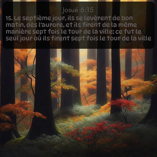 Segond Josué  ; image nature: image avec le verset biblique :Le septième jour, ils se levèrent de bon matin, dès l&#039;aurore, et ils firent de la même manière sept fois le tour de la ville; ce fut le seul jour où ils firent sept fois le tour de la ville. ;  ; 6:15