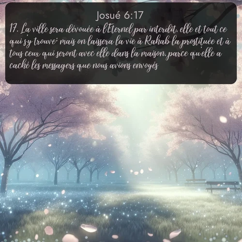 Segond Josué  ; image nature: image avec le verset biblique :La ville sera dévouée à l&#039;Eternel par interdit, elle et tout ce qui s&#039;y trouve; mais on laissera la vie à Rahab la prostituée et à tous ceux qui seront avec elle dans la maison, parce qu&#039;elle a caché les messagers que nous avions envoyés. ;  ; 6:17