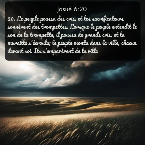 Segond Josué  ; image nature: image avec le verset biblique :Le peuple poussa des cris, et les sacrificateurs sonnèrent des trompettes. Lorsque le peuple entendit le son de la trompette, il poussa de grands cris, et la muraille s&#039;écroula; le peuple monta dans la ville, chacun devant soi. Ils s&#039;emparèrent de la ville, ;  ; 6:20