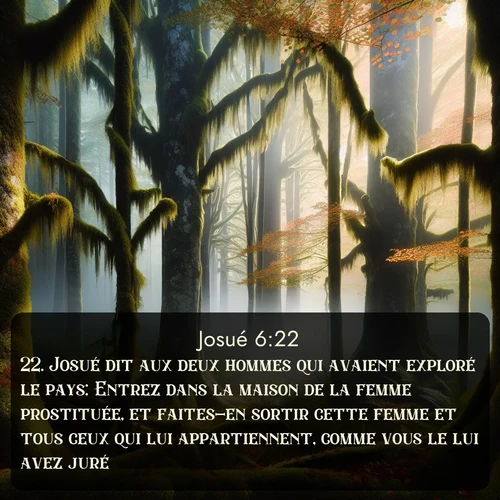 Segond Josué  ; image nature: image avec le verset biblique :Josué dit aux deux hommes qui avaient exploré le pays: Entrez dans la maison de la femme prostituée, et faites-en sortir cette femme et tous ceux qui lui appartiennent, comme vous le lui avez juré. ;  ; 6:22