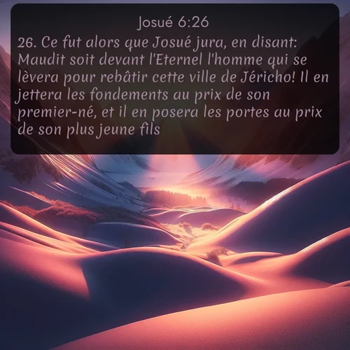 Segond Josué  ; image nature: image avec le verset biblique :Ce fut alors que Josué jura, en disant: Maudit soit devant l&#039;Eternel l&#039;homme qui se lèvera pour rebâtir cette ville de Jéricho! Il en jettera les fondements au prix de son premier-né, et il en posera les portes au prix de son plus jeune fils. ;  ; 6:26