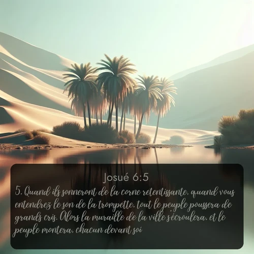 Segond Josué  ; image nature: image avec le verset biblique :Quand ils sonneront de la corne retentissante, quand vous entendrez le son de la trompette, tout le peuple poussera de grands cris. Alors la muraille de la ville s&#039;écroulera, et le peuple montera, chacun devant soi. ;  ; 6:5