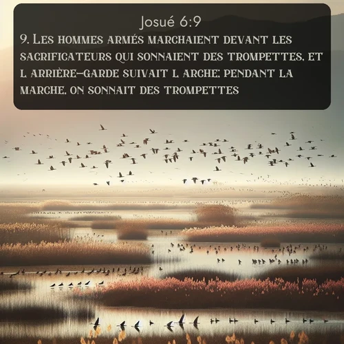 Segond Josué  ; image nature: image avec le verset biblique :Les hommes armés marchaient devant les sacrificateurs qui sonnaient des trompettes, et l&#039;arrière-garde suivait l&#039;arche; pendant la marche, on sonnait des trompettes. ;  ; 6:9