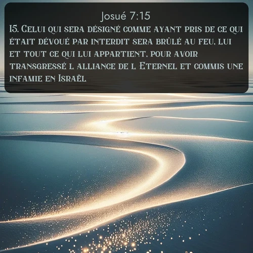 Segond Josué  ; image nature: image avec le verset biblique :Celui qui sera désigné comme ayant pris de ce qui était dévoué par interdit sera brûlé au feu, lui et tout ce qui lui appartient, pour avoir transgressé l&#039;alliance de l&#039;Eternel et commis une infamie en Israël. ;  ; 7:15