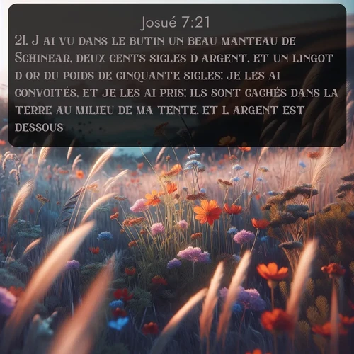 Segond Josué  ; image nature: image avec le verset biblique :J&#039;ai vu dans le butin un beau manteau de Schinear, deux cents sicles d&#039;argent, et un lingot d&#039;or du poids de cinquante sicles; je les ai convoités, et je les ai pris; ils sont cachés dans la terre au milieu de ma tente, et l&#039;argent est dessous. ;  ; 7:21