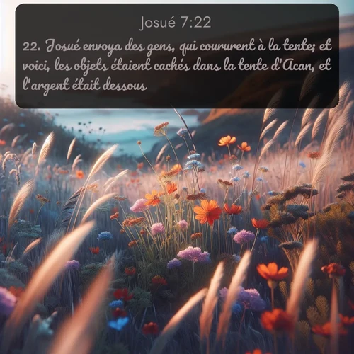 Segond Josué  ; image nature: image avec le verset biblique :Josué envoya des gens, qui coururent à la tente; et voici, les objets étaient cachés dans la tente d&#039;Acan, et l&#039;argent était dessous. ;  ; 7:22