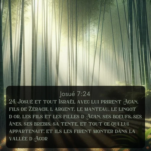 Segond Josué  ; image nature: image avec le verset biblique :Josué et tout Israël avec lui prirent Acan, fils de Zérach, l&#039;argent, le manteau, le lingot d&#039;or, les fils et les filles d&#039;Acan, ses boeufs, ses ânes, ses brebis, sa tente, et tout ce qui lui appartenait; et ils les firent monter dans la vallée d&#039;Acor. ;  ; 7:24
