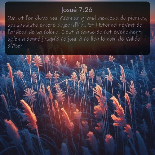 Segond Josué  ; image nature: image avec le verset biblique :et l&#039;on éleva sur Acan un grand monceau de pierres, qui subsiste encore aujourd&#039;hui. Et l&#039;Eternel revint de l&#039;ardeur de sa colère. C&#039;est à cause de cet événement qu&#039;on a donné jusqu&#039;à ce jour à ce lieu le nom de vallée d&#039;Acor. ;  ; 7:26