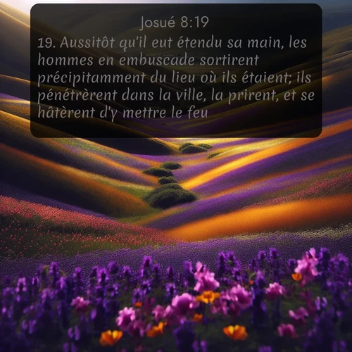 Segond Josué  ; image nature: image avec le verset biblique :Aussitôt qu&#039;il eut étendu sa main, les hommes en embuscade sortirent précipitamment du lieu où ils étaient; ils pénétrèrent dans la ville, la prirent, et se hâtèrent d&#039;y mettre le feu. ;  ; 8:19