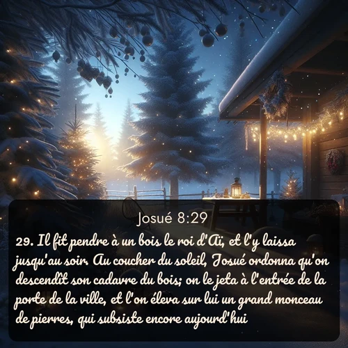 Segond Josué  ; image nature: image avec le verset biblique :Il fit pendre à un bois le roi d&#039;Aï, et l&#039;y laissa jusqu&#039;au soir. Au coucher du soleil, Josué ordonna qu&#039;on descendît son cadavre du bois; on le jeta à l&#039;entrée de la porte de la ville, et l&#039;on éleva sur lui un grand monceau de pierres, qui subsiste encore aujourd&#039;hui. ;  ; 8:29
