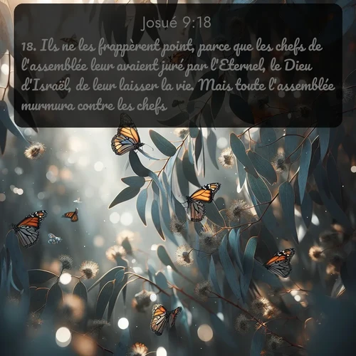 Segond Josué  ; image nature: image avec le verset biblique :Ils ne les frappèrent point, parce que les chefs de l&#039;assemblée leur avaient juré par l&#039;Eternel, le Dieu d&#039;Israël, de leur laisser la vie. Mais toute l&#039;assemblée murmura contre les chefs. ;  ; 9:18