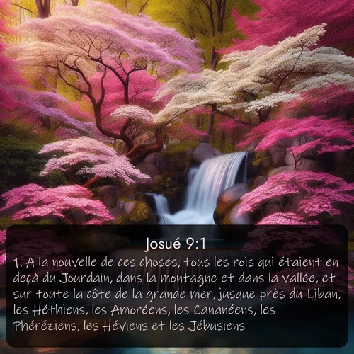 Segond Josué  ; image nature: image avec le verset biblique :A la nouvelle de ces choses, tous les rois qui étaient en deçà du Jourdain, dans la montagne et dans la vallée, et sur toute la côte de la grande mer, jusque près du Liban, les Héthiens, les Amoréens, les Cananéens, les Phéréziens, les Héviens et les Jébusiens, ;  ; 9:1