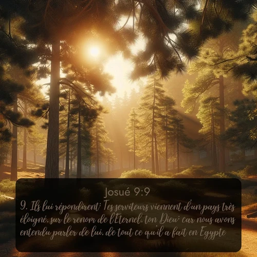 Segond Josué  ; image nature: image avec le verset biblique :Ils lui répondirent: Tes serviteurs viennent d&#039;un pays très éloigné, sur le renom de l&#039;Eternel, ton Dieu; car nous avons entendu parler de lui, de tout ce qu&#039;il a fait en Egypte, ;  ; 9:9