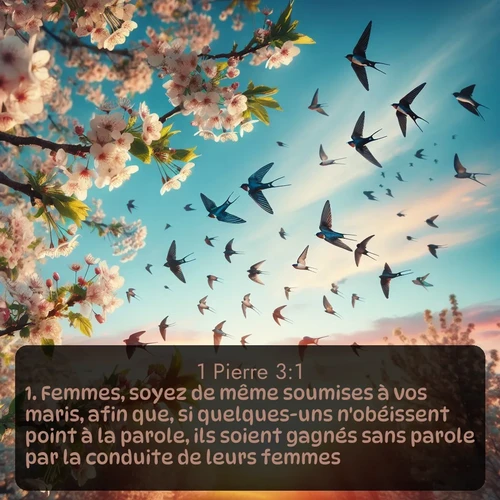 Segond 1 Pierre  ; image nature: image avec le verset biblique :Femmes, soyez de même soumises à vos maris, afin que, si quelques-uns n&#039;obéissent point à la parole, ils soient gagnés sans parole par la conduite de leurs femmes, ;  ; 3:1