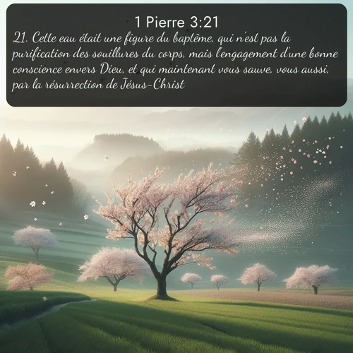 Segond 1 Pierre  ; image nature: image avec le verset biblique :Cette eau était une figure du baptême, qui n&#039;est pas la purification des souillures du corps, mais l&#039;engagement d&#039;une bonne conscience envers Dieu, et qui maintenant vous sauve, vous aussi, par la résurrection de Jésus-Christ, ;  ; 3:21